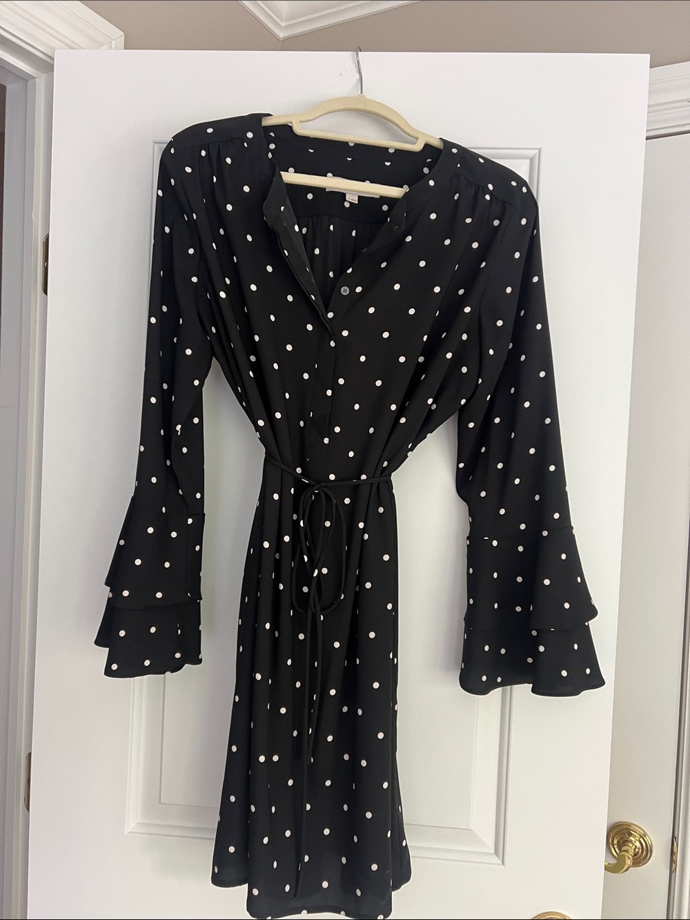 LOFT Black Polka Dot Tie-Waist Dress